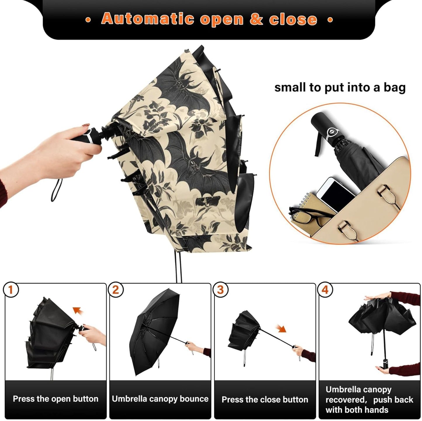 Automatic Folding Umbrella Windproof Strong, UV Protection Compact Black Gothic Moon Spider Webs and Bats Sun Rain Sun Rain Travel Umbrellas for Women Men