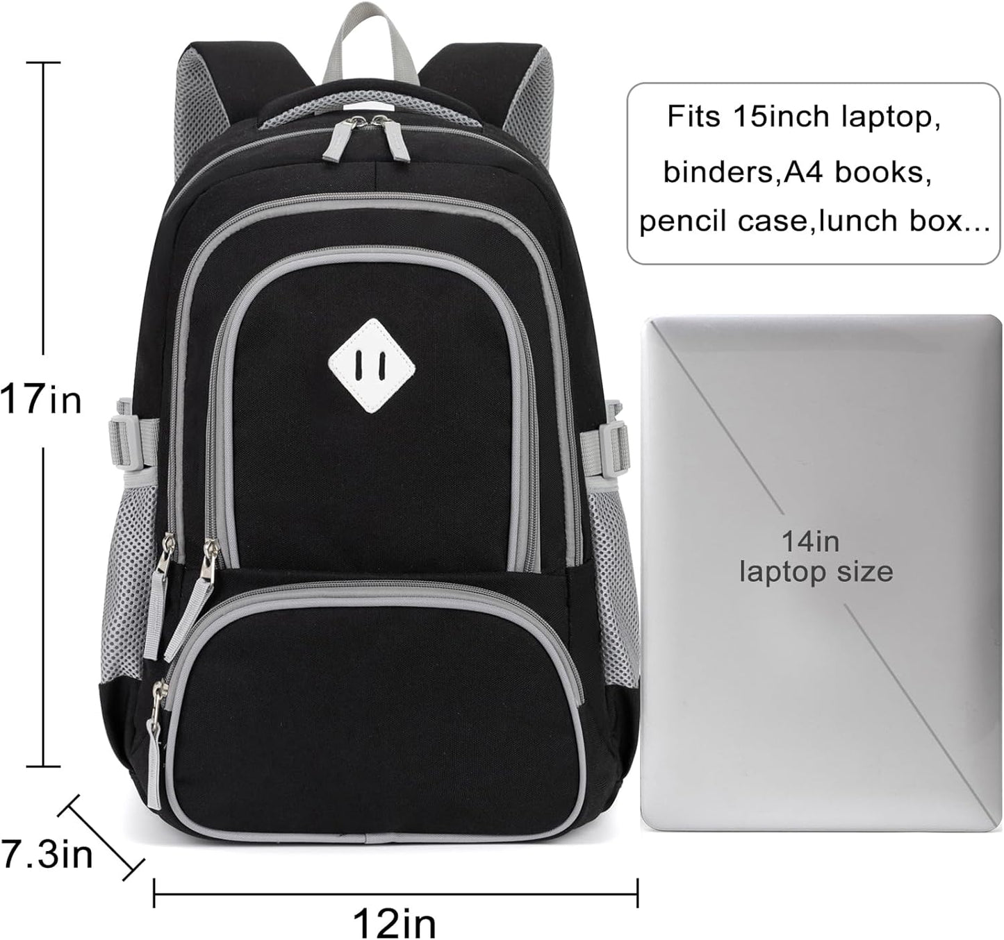 Kids Backpack for Boys Elementary School Backpacks for Child 17 Inch Lightweight Middle School Bookbag for Teens with Chest Strap, Black