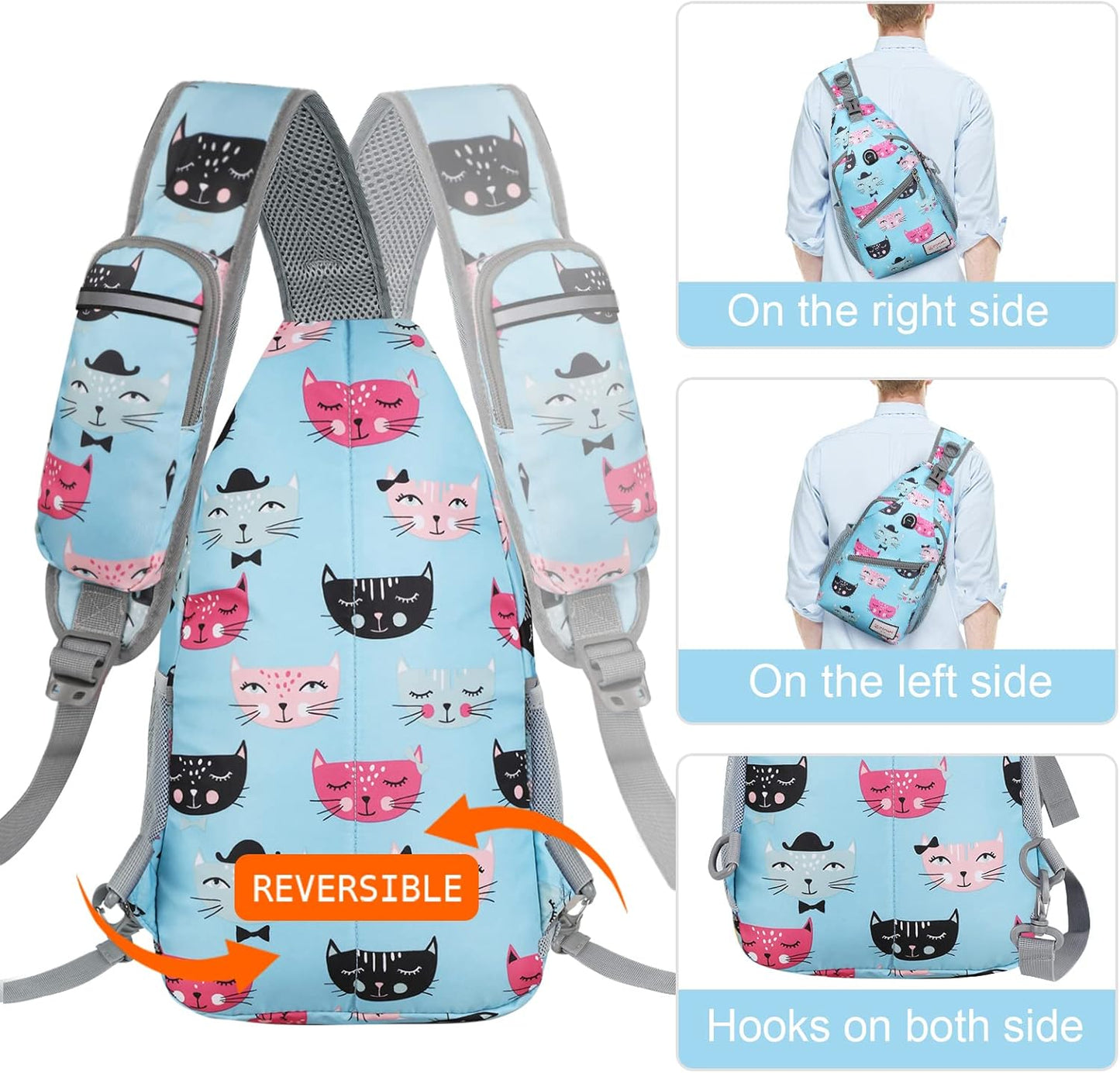 ZOMAKE Sling Bag,Small Crossbody Sling Backpack,Water Resistant Shoulder Daypack for Travel,Anti Thief Chest Bag for Hiking(Cat'S Head Light Blue)