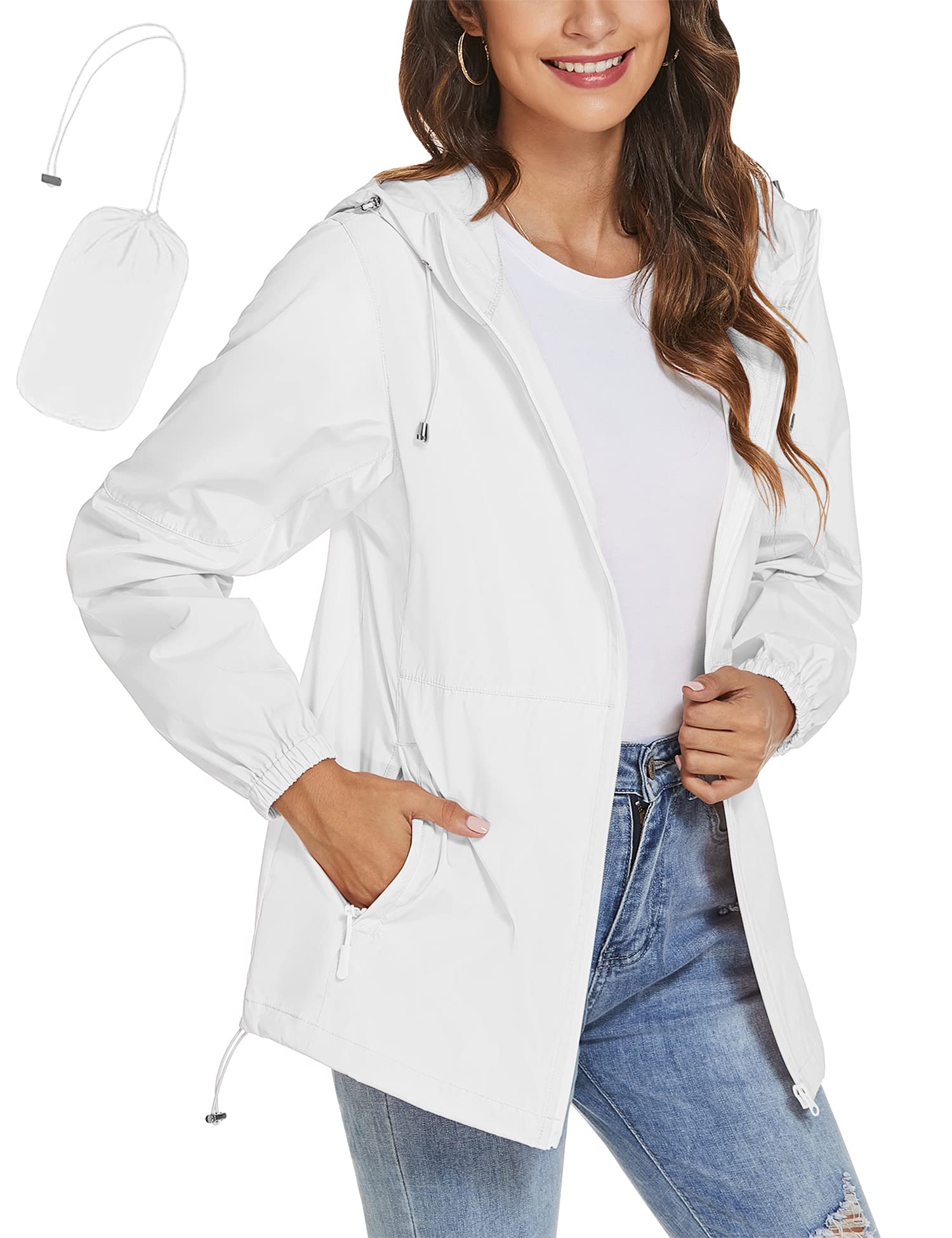 TCOT Women's Waterproof Zipper Rain Jacket Lightweight Outdoor Raincoat for Travel Packable Compact