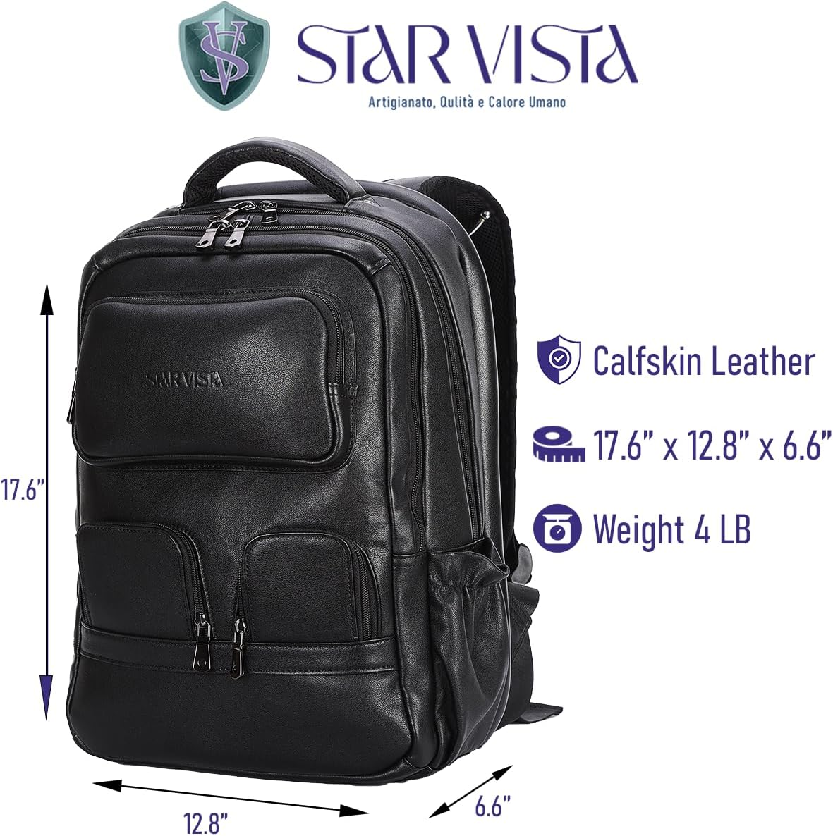 STAR VISTA 15.6" Raphael Calfskin Leather Laptop Backpack, Multi Pockets, Casual Outdoor Business Travel Rucksack, YKK Zippers, Black