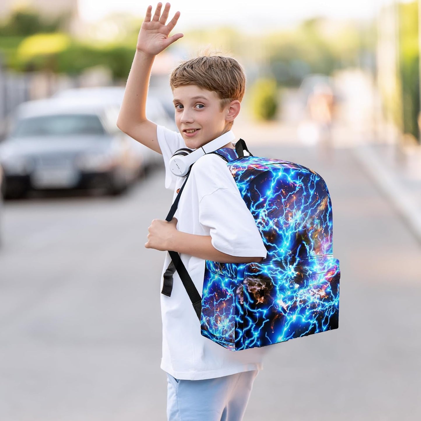 3PCS Lightning Backpack Set for Boys, Large Lightweight 17 Inch Backpack with Lunch Bag & Pencil Case for Kids, Back to School Bookbag for Elementary Middle School -Blue