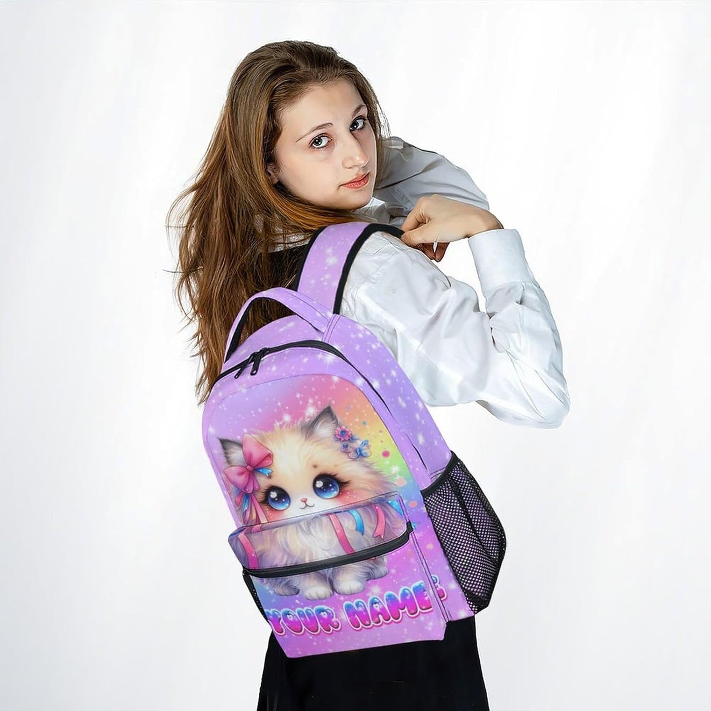 School Backpack for Girls, Personalized Cat Backpack for Kids, 17" Cute Rainbow Bookbag for