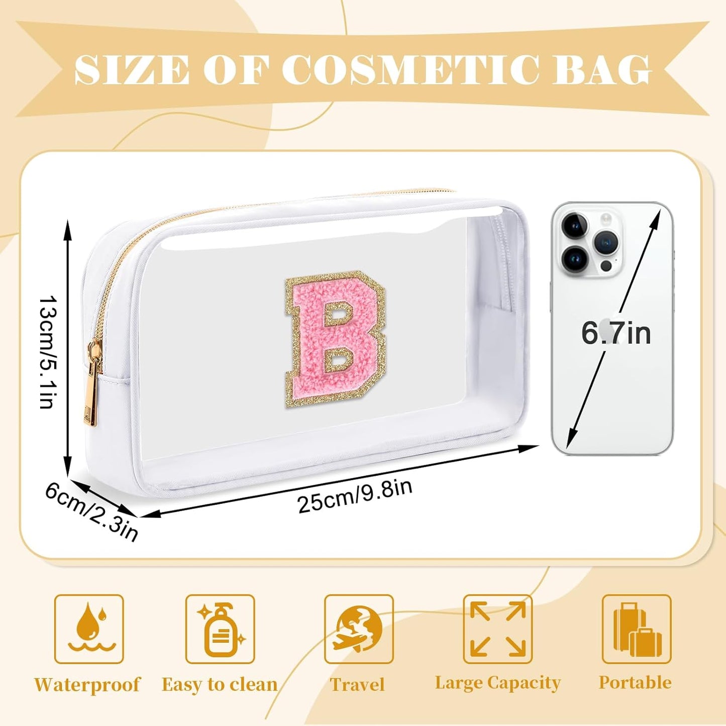 Personalized Initial Letter Clear Makeup Bag,Preppy Small Nylon&PVC Cosmetic Zipper Bag with Chenille Letter,Travel Skincare Toiletry Bag,Monogram Christmas Gift for Teen Girls Women,B