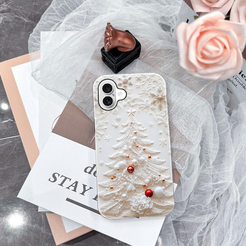 Case for iPhone 16 - Slim Fit Anti-Scratch Phone Case for Girl Women - Christmas Tree White (Glossy)