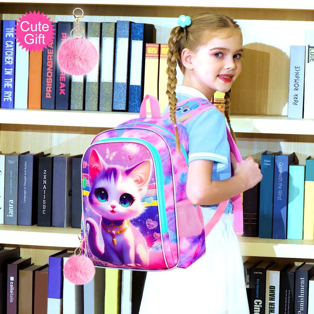 3PCS Girls Cat Backpack, Water Resistant Kids Bookbag Set with Lunch Box, Cute School Bag for