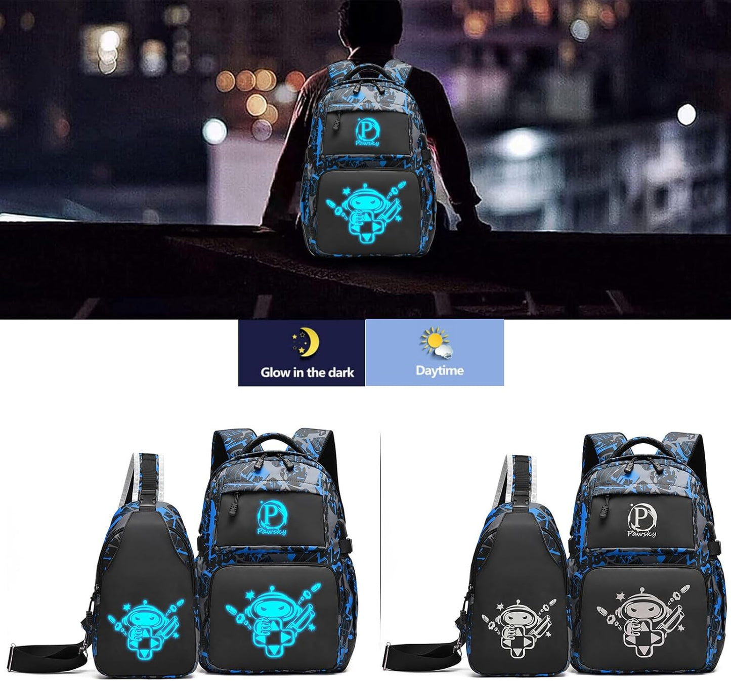 School Backpack for Teen Boys, Kids Backpack Cool Luminous Backpack with USB Charging Port, Lightweight Laptop Bag with Sling Bag Set, Blue
