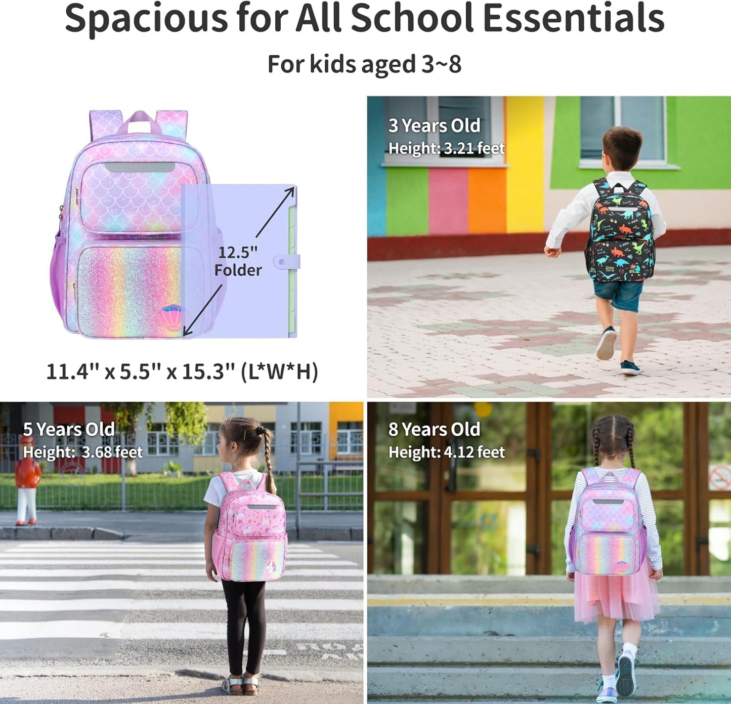 Kids Backpack for Girls - 15 Inch Mermaid Backpack for Kids 3 to 8, School Bookbag for Preschool Kindergarten Elementary 1st 2nd, with Insulated Pocket and Reflective Stripe, Purple Mermaid