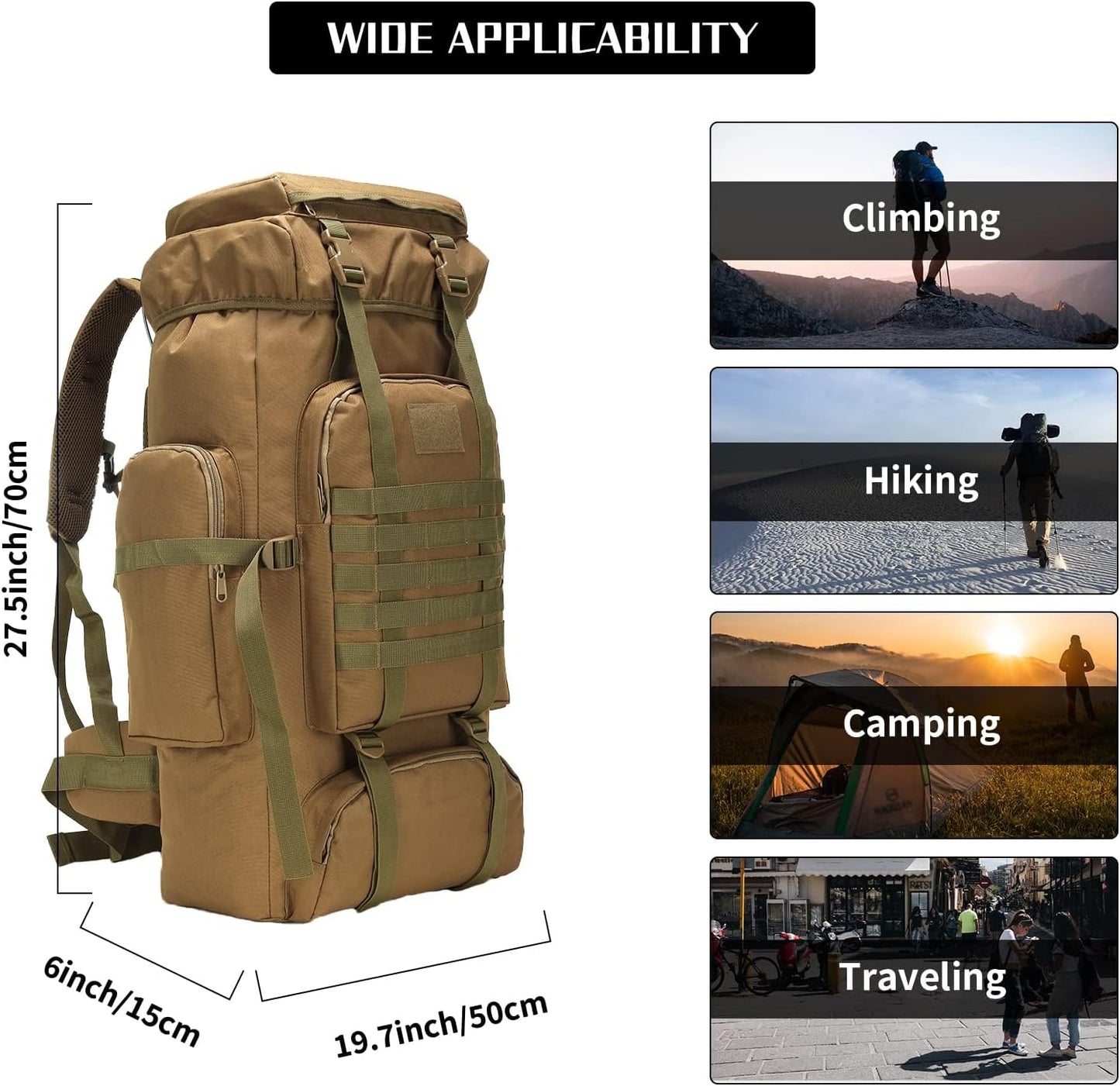 Hiking Backpack for Men 70L/100L Camping Backpack Military Rucksack Molle 3 Days Assault Pack for