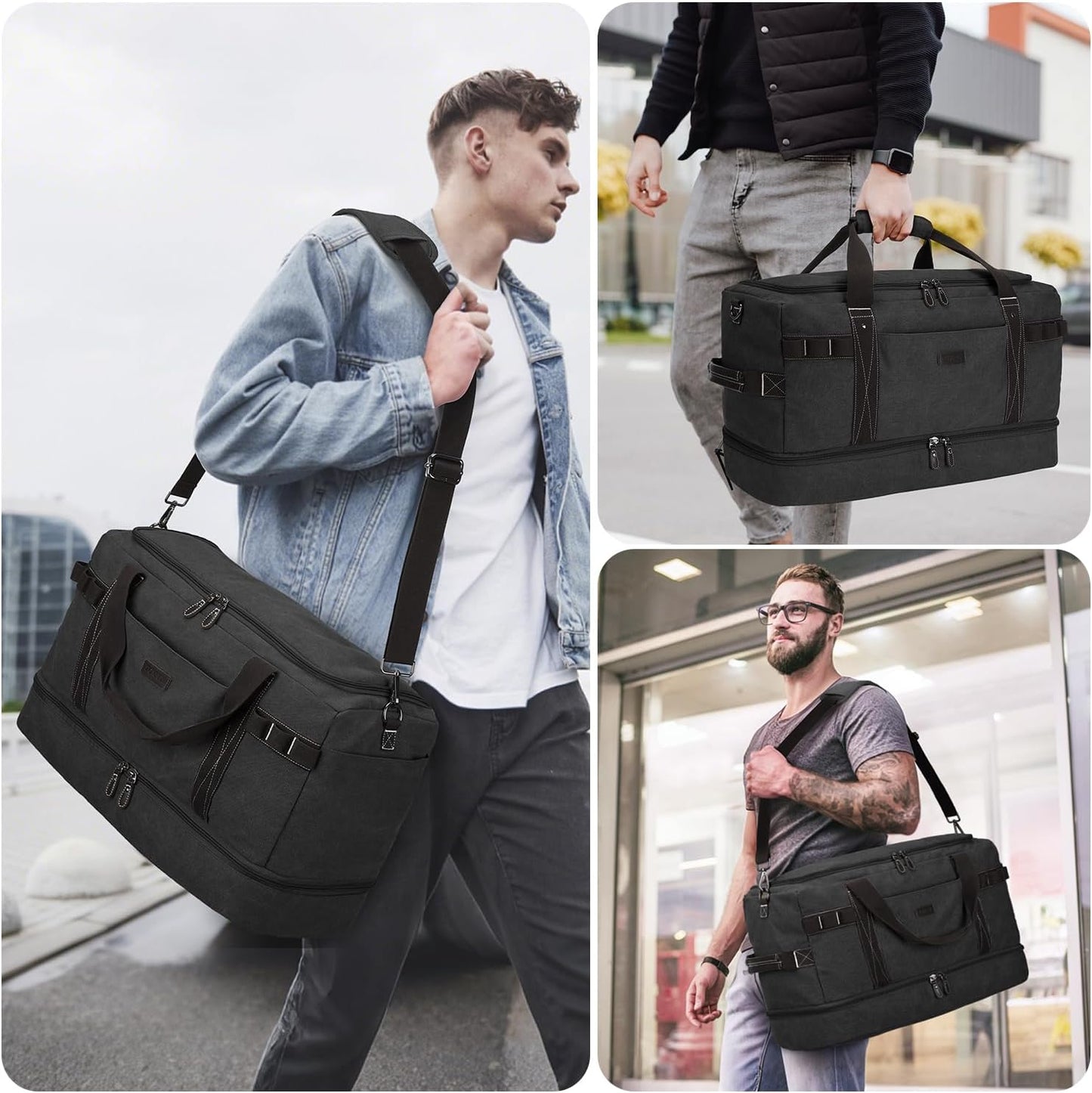 ZOMFELT Travel Duffle Bag for Men, 45L Waterproof Canvas Overnight Duffel Bag with Removable Dividers & Shoe Compartment, Carry On Weekender Gym bag, Multi-Pocket & Vintage Design (Washed Black)
