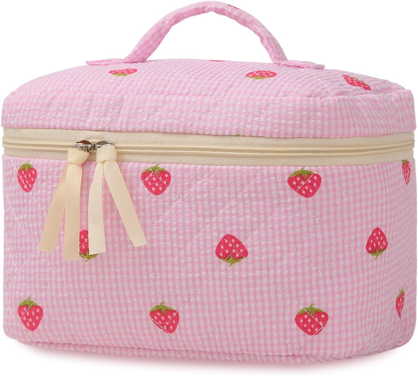 Large Travel Quilted Makeup Bag for Women Girls, Floral Cosmetic Bag, Cute Coquette Aesthetic Flowers Toiletry Organizer Bag Pink Strawberry