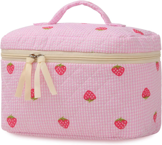 Large Travel Quilted Makeup Bag for Women Girls, Floral Cosmetic Bag, Cute Coquette Aesthetic Flowers Toiletry Organizer Bag Pink Strawberry