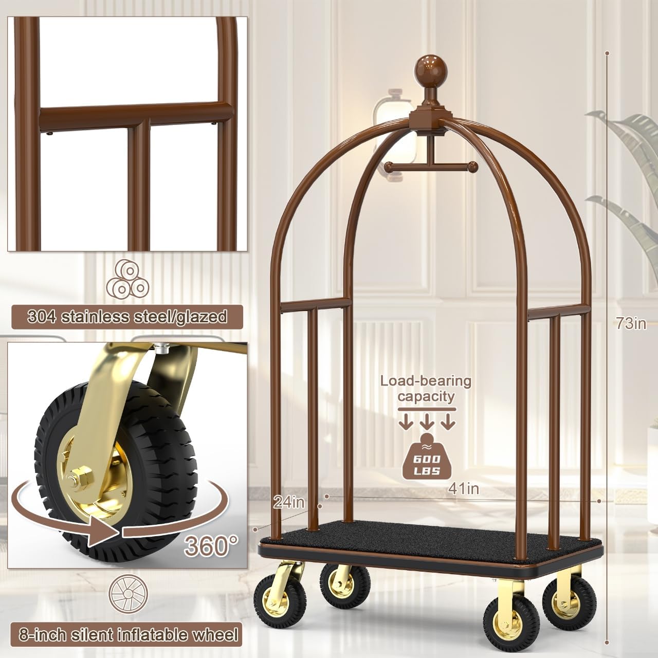 Hotel Luggage Cart,1100 lbs Brushed Stainless Steel Bellman Trolley, Valet Cart with Black Nylon Carpeted Deck Bumper Rails & 8-inch Silent Rubber Pneumatic Wheels– for Hotels, Resorts & Condos