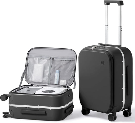 mixi 20 Inch Carry On Luggage 22x14x9 Airline Approved PC Hard Shell Suitcase Top Opening Aluminum Frame Travel Suitcases with Wheels, Blcak