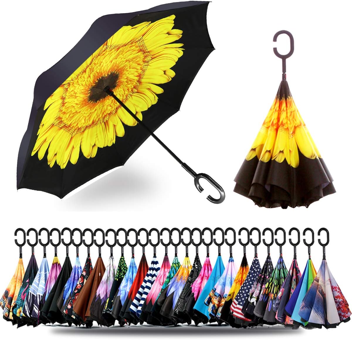 SIEPASA 49/56 Inch Inverted Reverse Upside Down Umbrella, Extra Large Double Canopy Vented Windproof Waterproof Stick Golf Umbrellas with C-shape Handle.