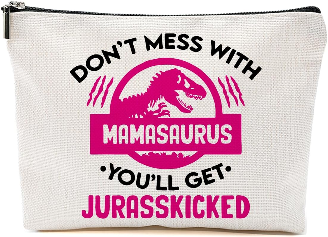 Mama Saurus Makeup Bag Mama Gifts for Women, Dinosaur Cosmetic Bag, Presents for Mom from Husband Son Daughter Mothers Day Christmas Birthday, Zipper Bags, Organizer, Toiletry Cosmetic Pouch