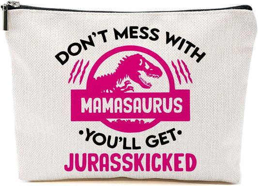 Mama Saurus Makeup Bag Mama Gifts for Women, Dinosaur Cosmetic Bag, Presents for Mom from Husband Son Daughter Mothers Day Christmas Birthday, Zipper Bags, Organizer, Toiletry Cosmetic Pouch