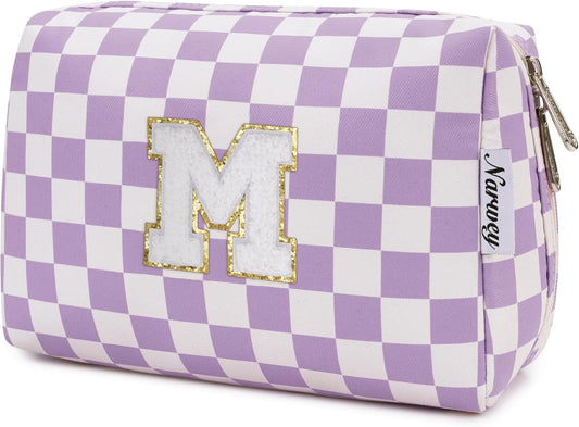 Narwey Birthday Gifts for Women Girls, Initial Makeup Bag for Bridesmaid Teacher Sister Friend Graduation Gifts, Personalized Monogram Cosmetic Toiletry Bag, Teen Girls Trendy Stuff (Purple M)