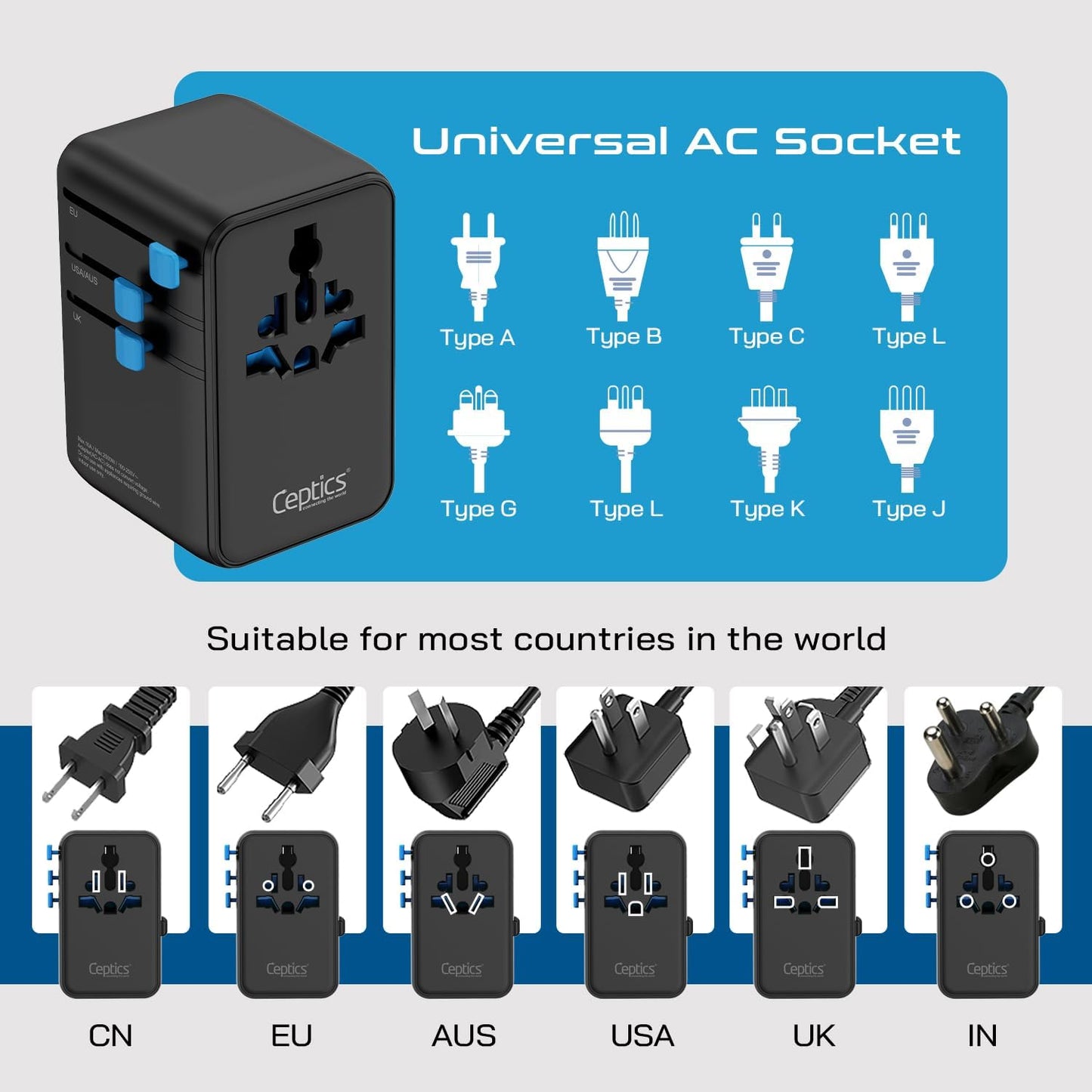 Ceptics GAN 100W Universal Travel Adapter with Retractable USB-C Cable, 2X USB-A & C, Universal Input and 1x USA/JP Input, 7 in 1 Universal Adapter for Worldwide Travel - Type A, C, G, I Output