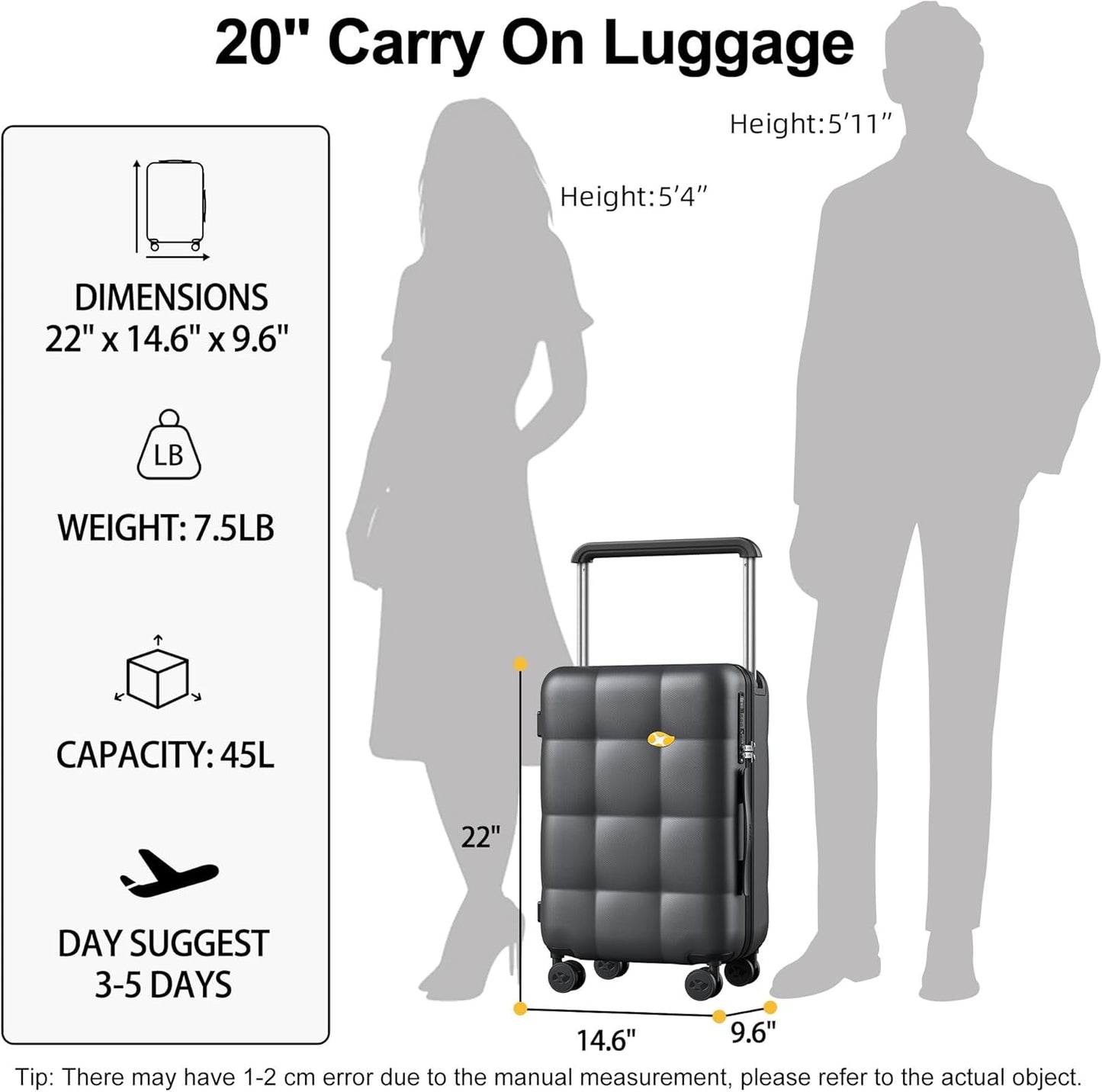 MGB Carry On Luggage Airline Approved 20'' Lightweight Luggage Wide Handle PC Hardshell Suitcases with Spinner Wheels & TSA Lock, Charcoal Grey