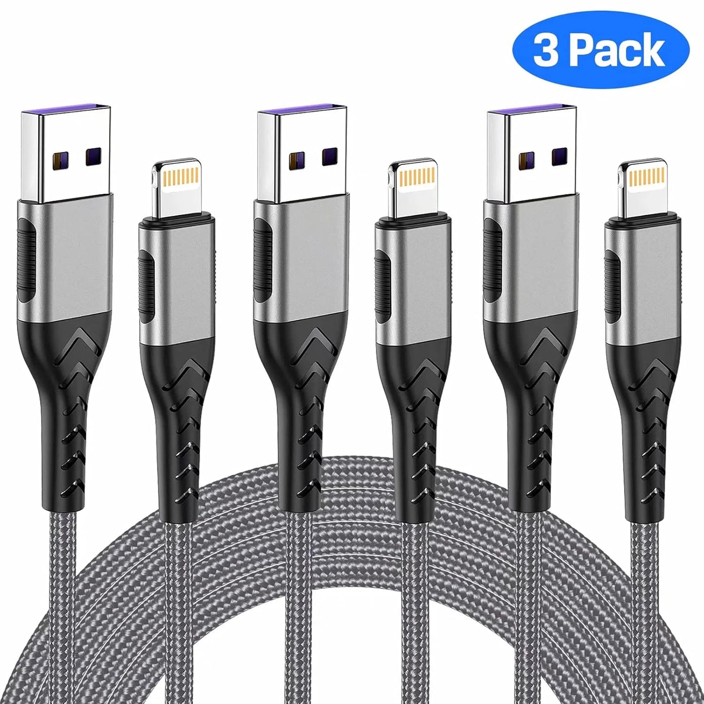 Durcord 3Pack 3FT USB A Cable, MFi Certified iPhone Charger, Fast Charging, Compatible with iPhone Xs Max/XS/XR/X/8/7/6S/6/Plus/SE/iPad(Silver)