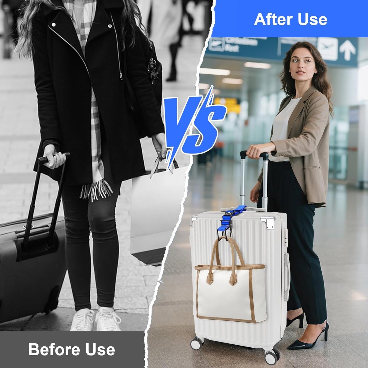 Luggage Hook Strap, J Hook for Luggage Strap Flight Attendant with Hands Free, Adjustable Travel Luggage Straps for Add a Bag Hook