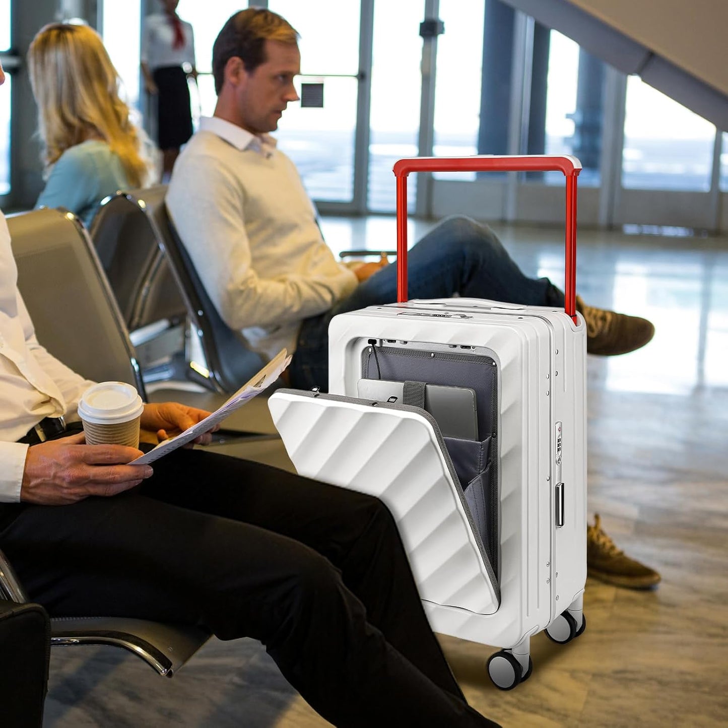 Somago Carry On Luggage Wide Handle 20 Inch Suitcase with Front Compartment Aluminum Framed PC Hardside 22x14x9 No Zipper Business Baggage with Spinner Wheels USB Charging Port TSA Lock (White)