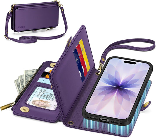 TUCCH Removable Crossbody Wallet Case for iPhone 17 (6.3"), 9 Card Holders RFID Blocking, Lanyard, Wrist Strap, Wireless Charging, Stand, Zipper Pocket, PU Leather, Magnetic Flip Cover, Deep Purple