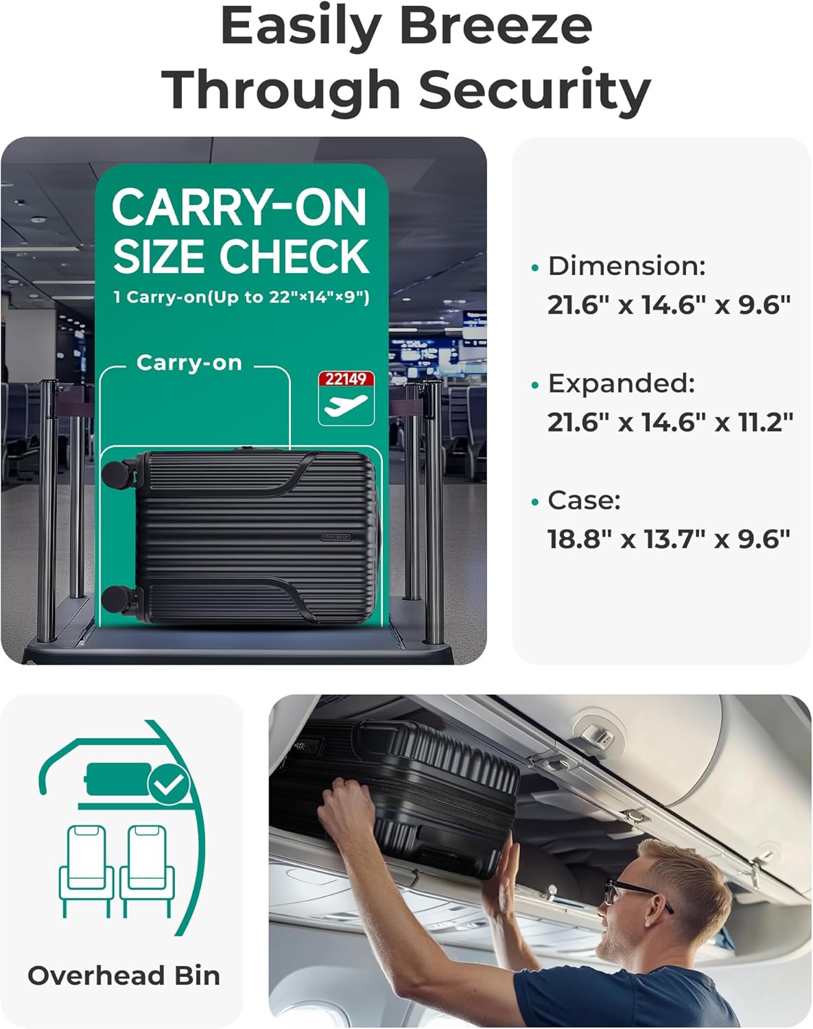 BAGSMART Carry On Luggage 22x14x9 Airline Approved, Lightweight luggage with Spinner Wheels, 20 Inch Expandable Hardside Carry On Suitcase with TSA Lock Rolling Travel suitcase Carry-On, Black