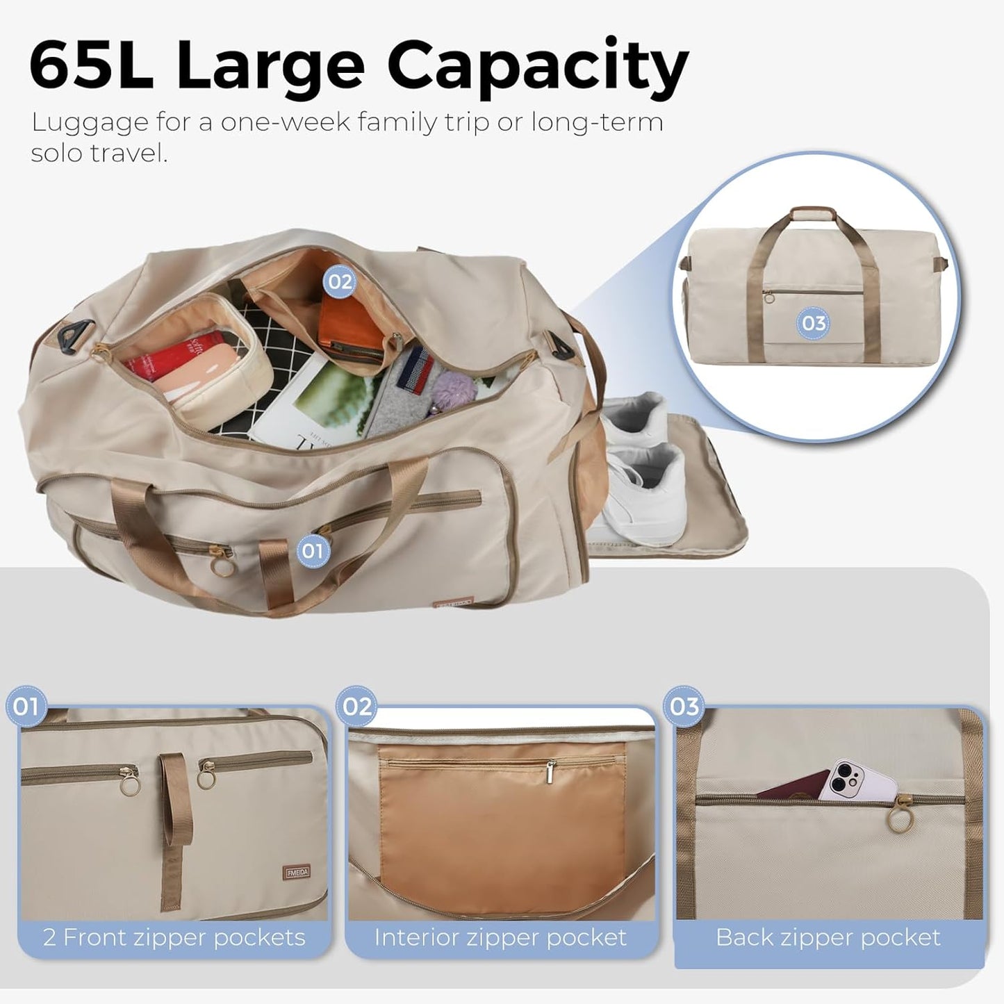 Fmeida 65L Duffle Bag with Shoes Compartment, Foldable Travel Duffel Bags for Men Women, Large Packable Travel Bag Water Repellent & Tear Resistant (Beige)