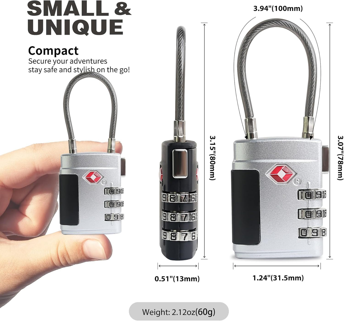 Luggage Locks TSA Approved 2 Pack, Small Combination Padlock, TSA Locks for Luggage, Combo Cabel