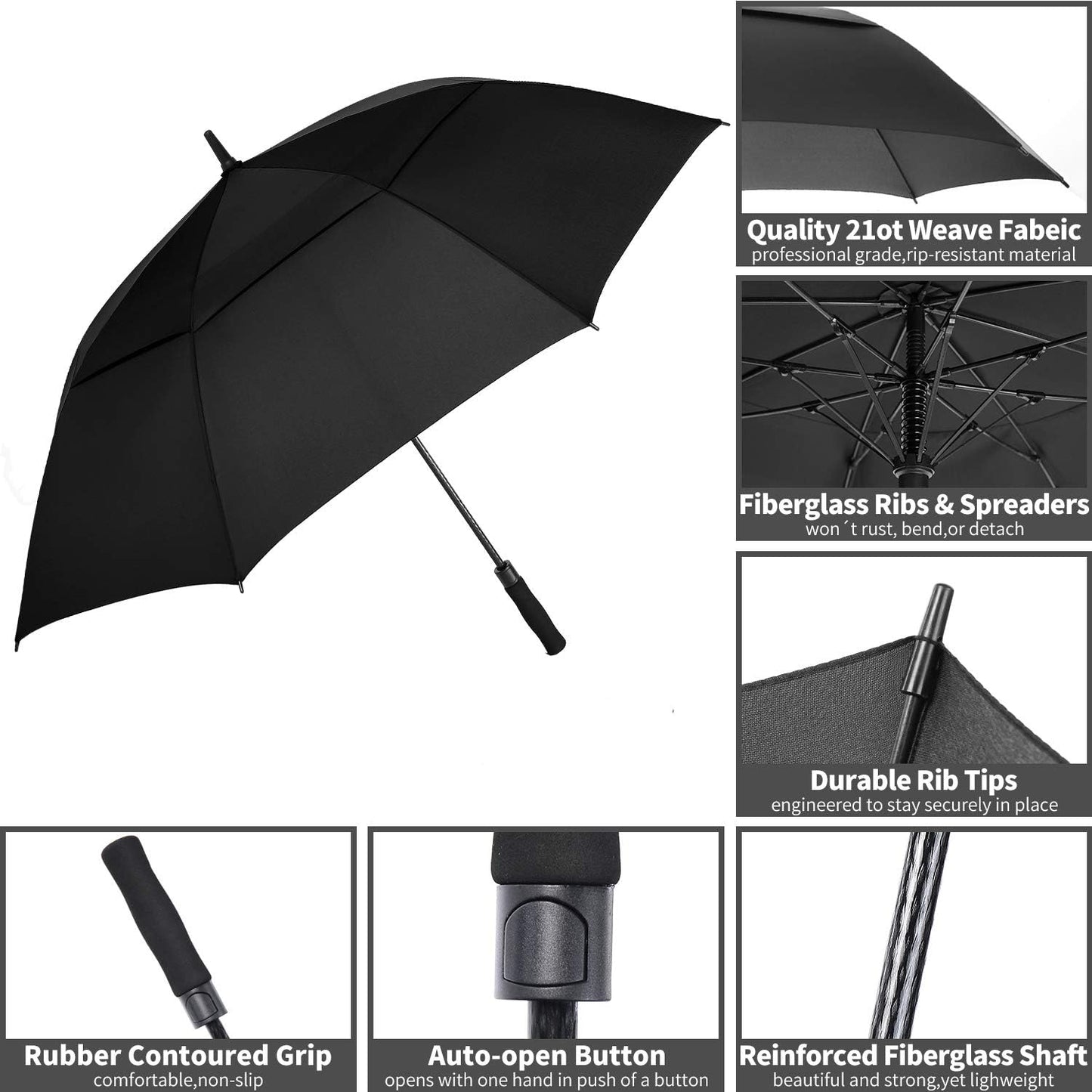 MRTLLOA Extra Large Golf Umbrella, 54/62/68/72 Inch Automatic Open, Oversize Double Canopy Vented Windproof Waterproof Sports Umbrellas for Rain