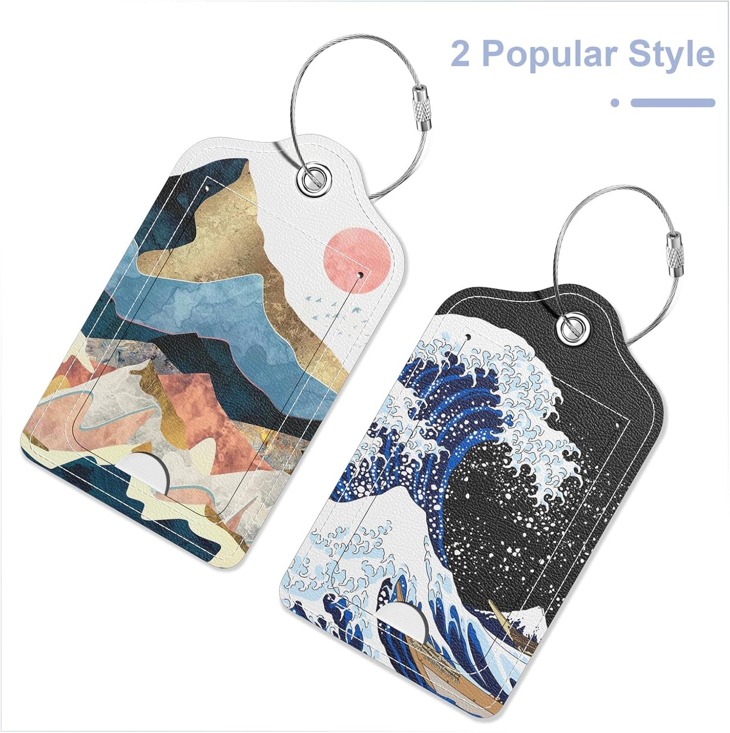 2 Pack PU Leather Luggage Tags for Suitcase, Travel Cruise Luggage Tag with Privacy Flap, Name ID Label and Metal Loop for Women Men Baggage Handbag School Bag Backpack, Sea Wave Sun