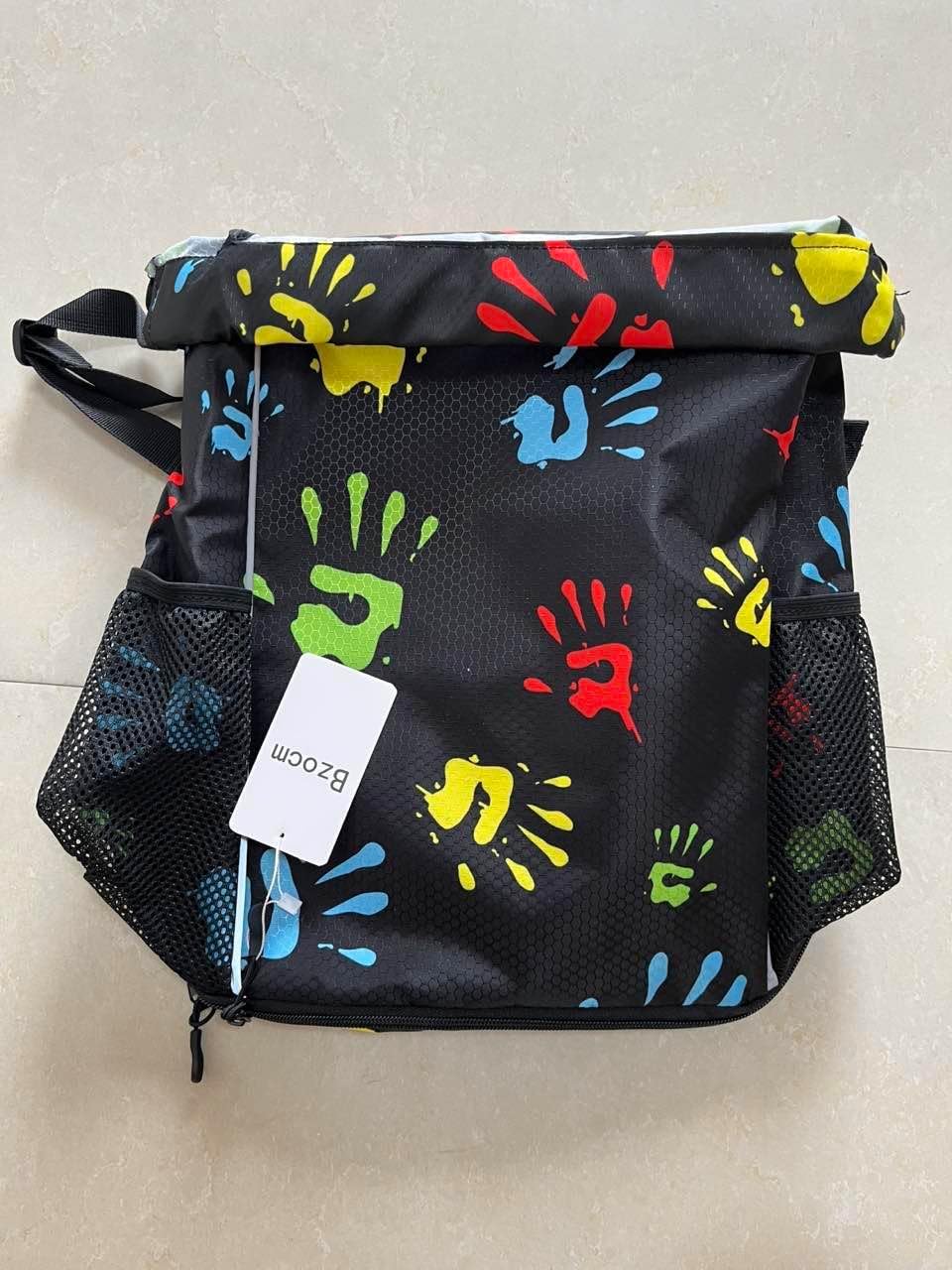 Hand Print Drawstring Backpack Gym Bag With Shoe Compartment String Bag Sport Beach Swimming Sackpack For Women Men