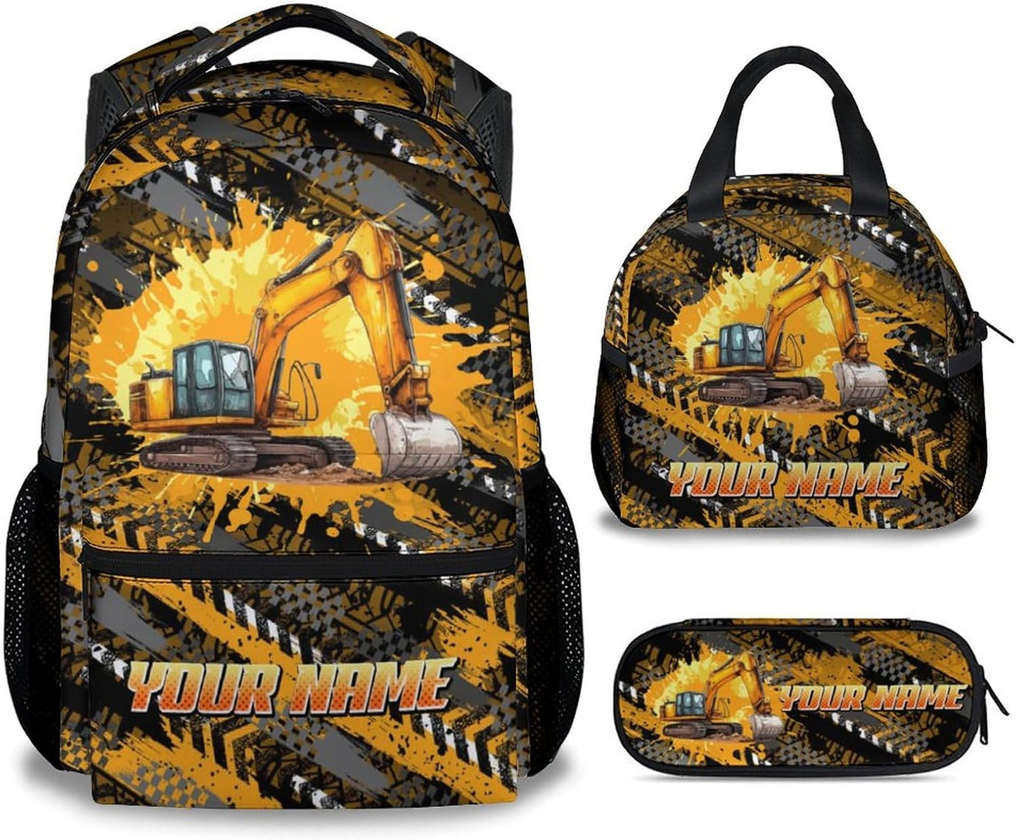 Mercuryelf Kids Backpack with Lunch Box - 17 Inch Custom Excavator Backpack Set for School, Travel - 3 in 1 Cool Bookbag for Boys