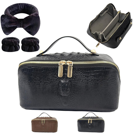 Makeup Bag, Travel Toiletry Bag for Women, Large Capacity Waterproof Crocodile Pattern PU Leather Cosmetic Bags Make Up Organizer Bags with Headband and Wristband Set (Black)