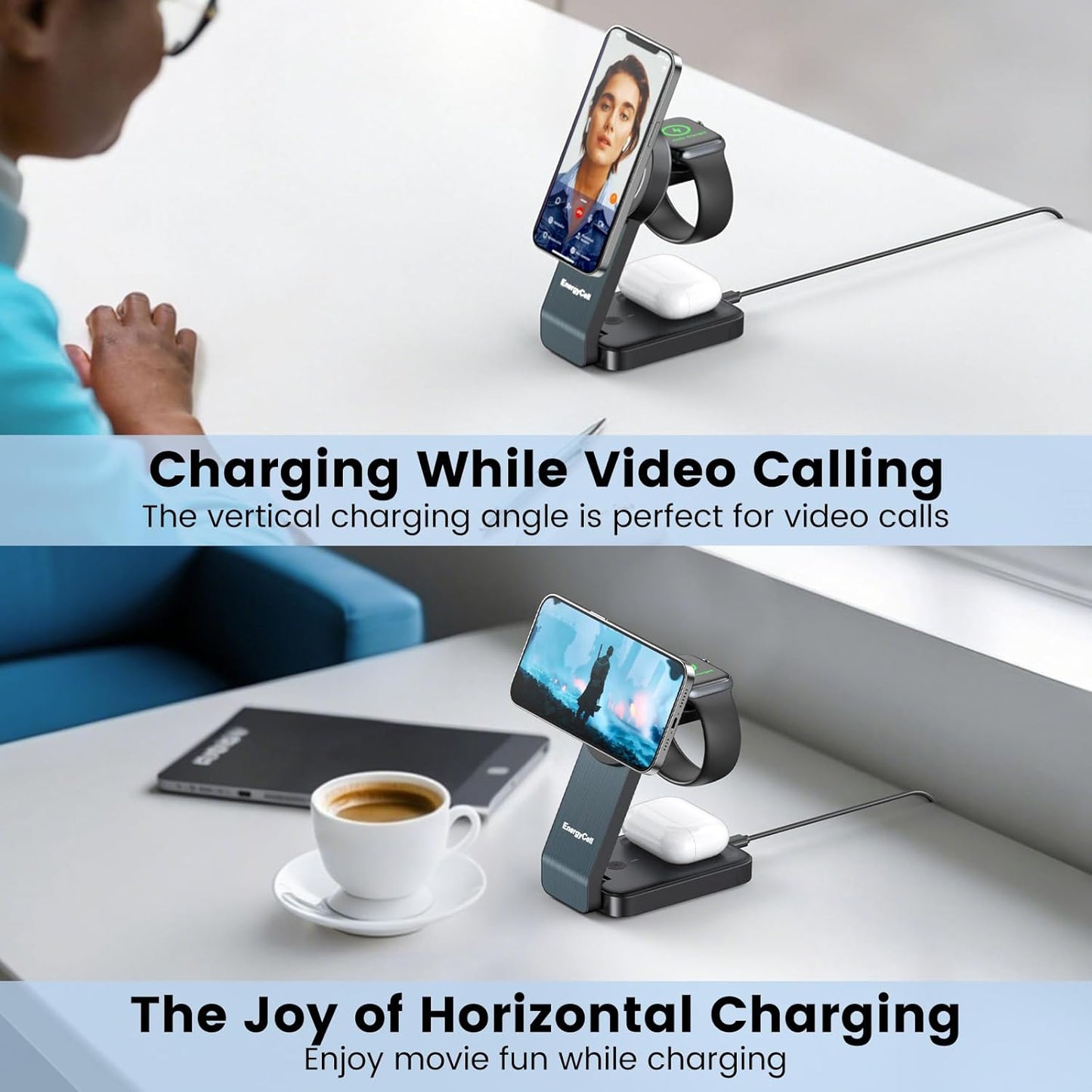 3-in-1 Wireless Charging Station for Apple Devices, 15W Wireless Charger for iPhone 16/15/14/13/12, Apple Watch, AirPods, Magnetic Foldable Fast Charger Apple Charging Station (Black)