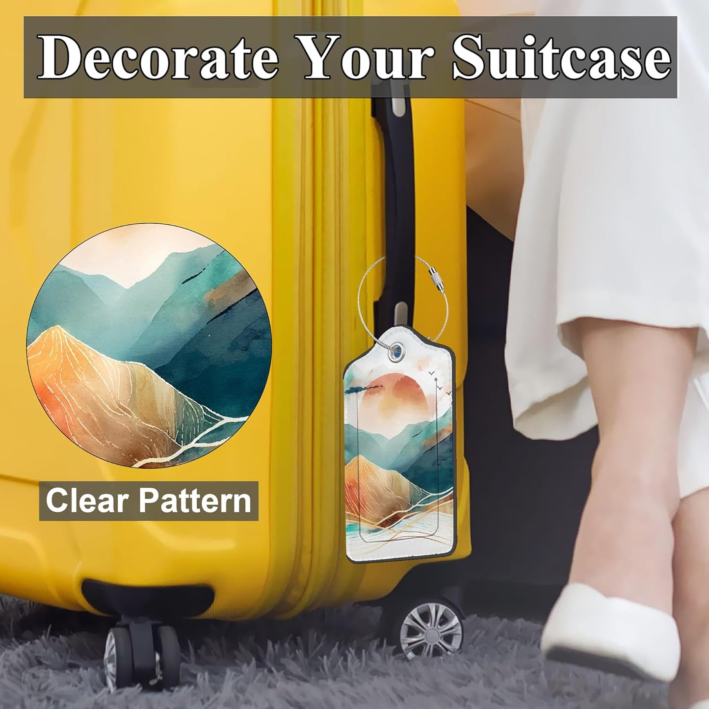 Abstract Mountains 2 Pack PU Leather Luggage Tags with Stainless Steel Loop, Watercolor Sunset and Mountains Travel Labels with Privacy Cover ID Label for Quick Spotting