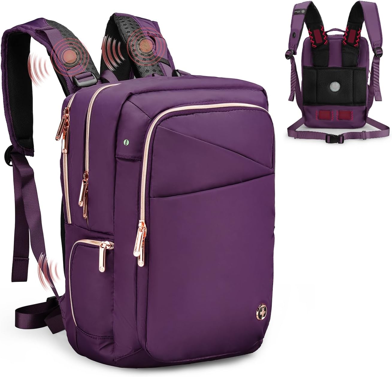 Swissdigital Design Massage Backpack for Women, Fits 15.6” Laptop, USB-A Charging, Commute, Short hual travel with Built-In Shoulder Massager, Purple l KATY ROSE