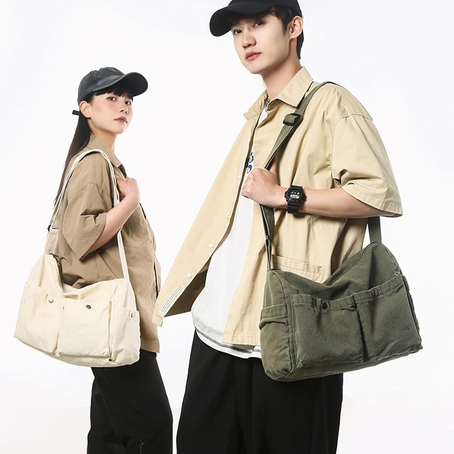 Canvas Messenger Bag Cute Crossbody Tote Bag Shoulder for Women Men for School Aesthetic Hobo with Multiple Pockets