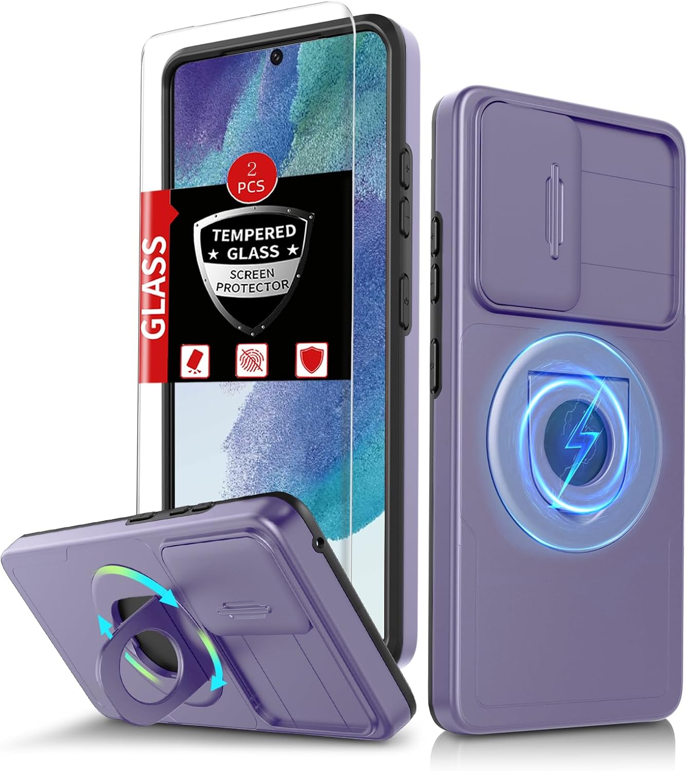 for Samsung Galaxy s21FE Case Magnetic Compatible with MagSafe Wireless Charging,with 2 Screen Protectors,Built-in Stand Ring+Camera Cover Anti-Scratch Shockproof Heavy Duty Protection Purple