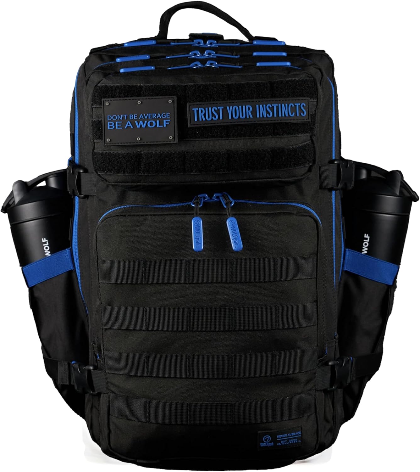 WOLFpak 45L Athletic Gym Backpack - Durable 1000D Waterproof Oxford Material w/MOLLE Webbing, Laptop Pocket & Dual Cup Holders, Durable Everyday Gym Backpack (Blue Wolf)
