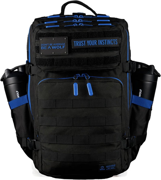 WOLFpak 45L Athletic Gym Backpack - Durable 1000D Waterproof Oxford Material w/MOLLE Webbing, Laptop Pocket & Dual Cup Holders, Durable Everyday Gym Backpack (Blue Wolf)