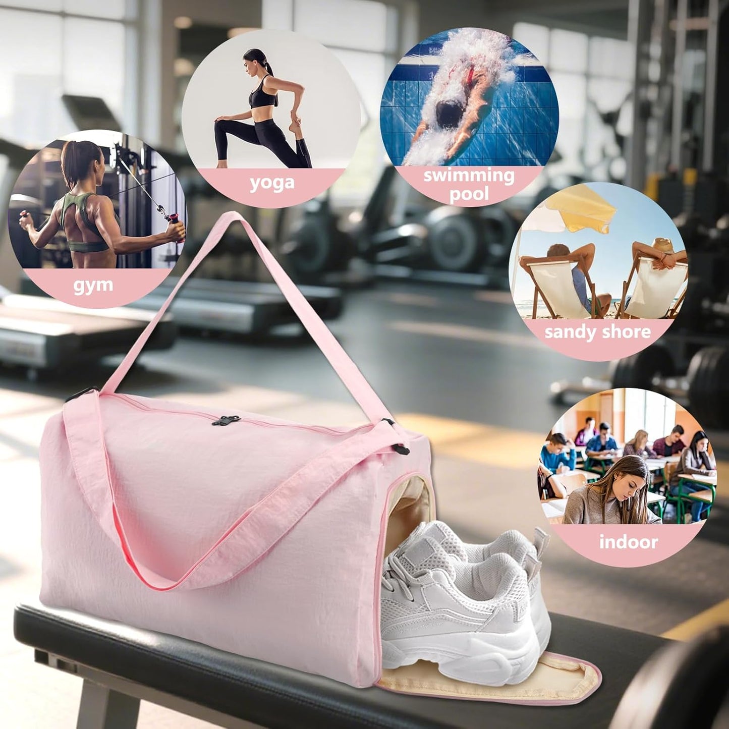 Small Gym Bag for Women with Shoes Compartment and Wet Pocket, Lightweight Travel Duffel Overnight Bags for Women & Men, Weekend Carry on Bag - Sport Yoga Swimming Dance(Pink)