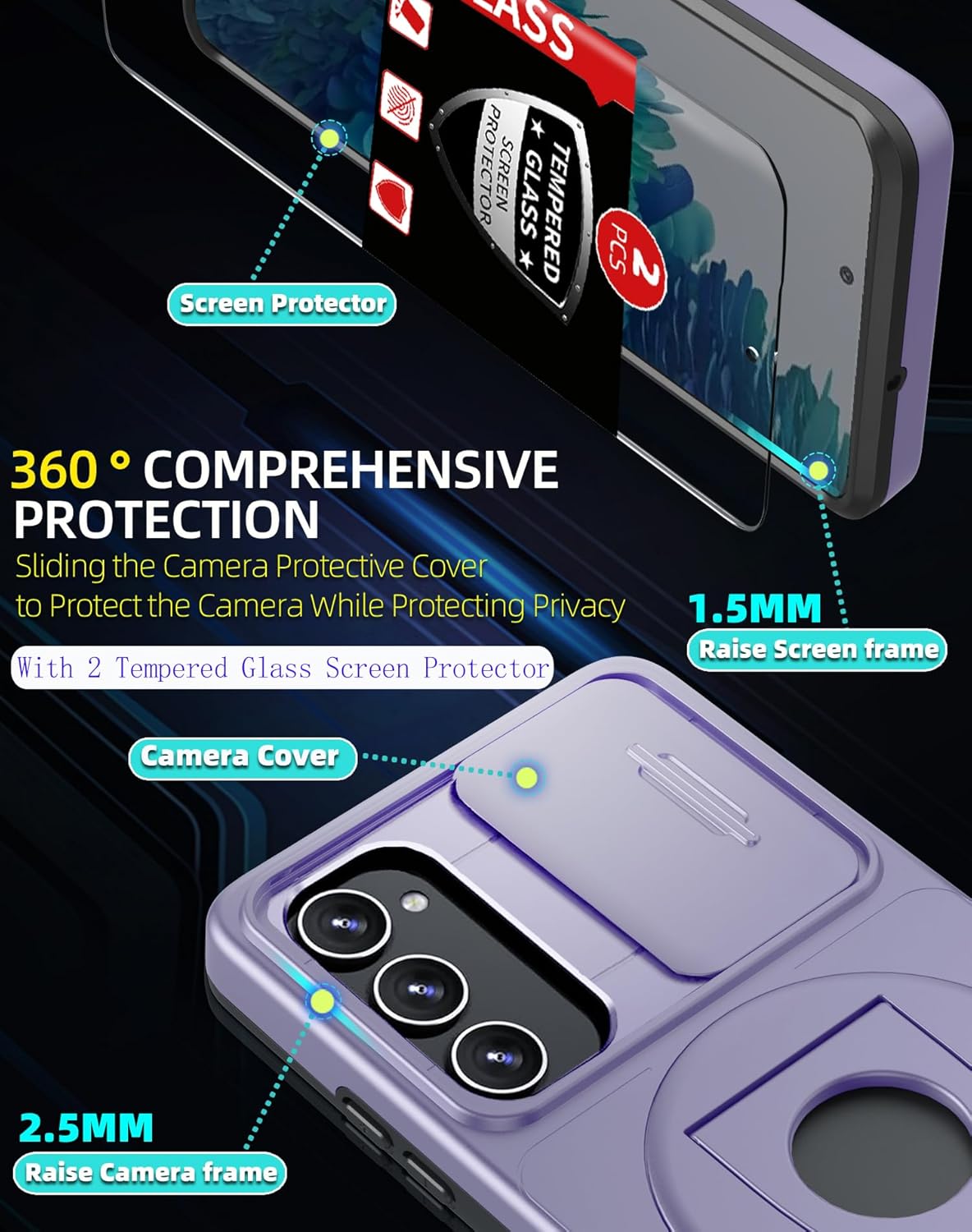 for Samsung Galaxy S20FE Case Magnetic Compatible with MagSafe Wireless Charging,with 2 Screen Protectors,Built-in Stand Ring+Camera Cover Anti-Scratch Shockproof Heavy Duty Protection Purple