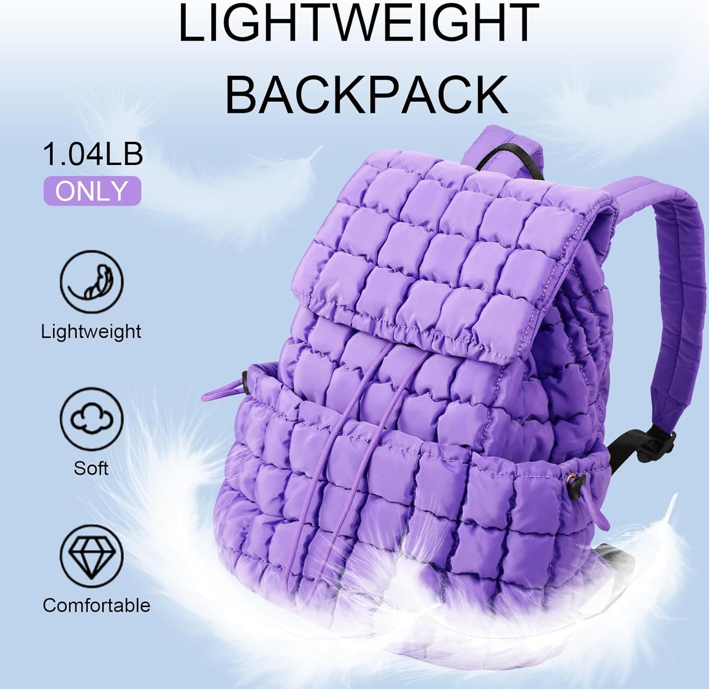 XSUIOY Quilted Backpack Purse for Women Small Lightweight Puffer Puffy College Laptop Backpack Nylon Casual Bookbag Daypack Top Flap Drawstring Padding Hiker Travel Gym Backpack(Purple)