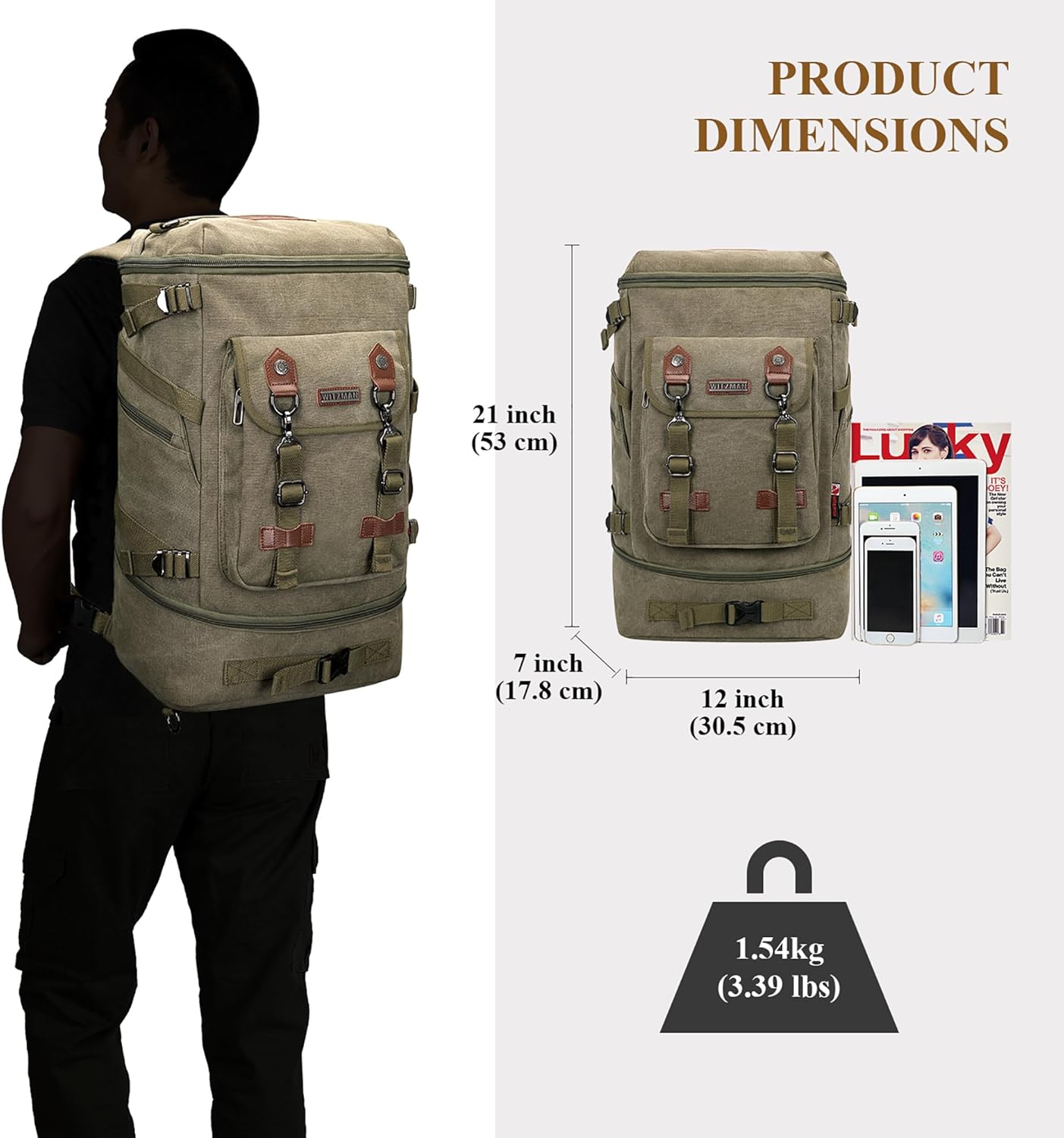 WITZMAN Travel Backpack for Men Women Canvas Backpack Carry on Luggage Rucksack Convertible Duffel Bag Large (A568 Army Green)