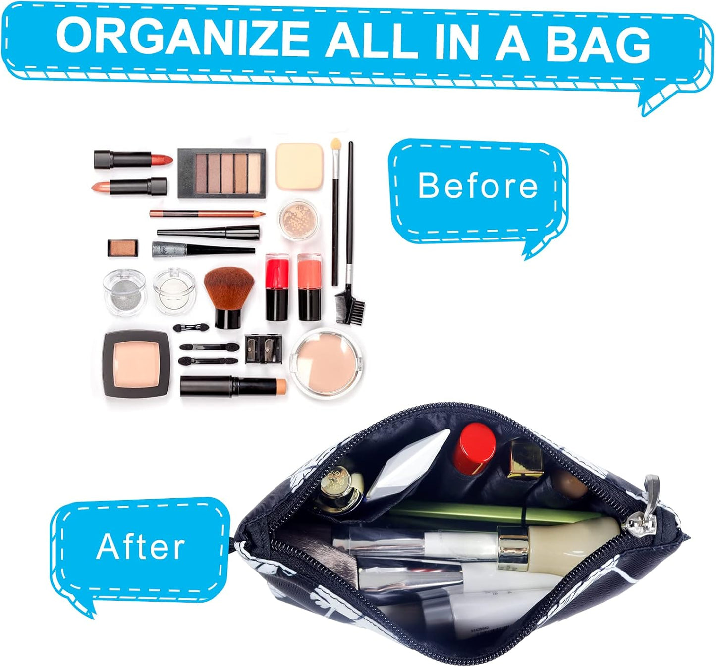 Gloppie Small Makeup Bag for Purse Compact Cosmetic Bag Zipper Make Up Pouch Purse Essentials Black White Leaves