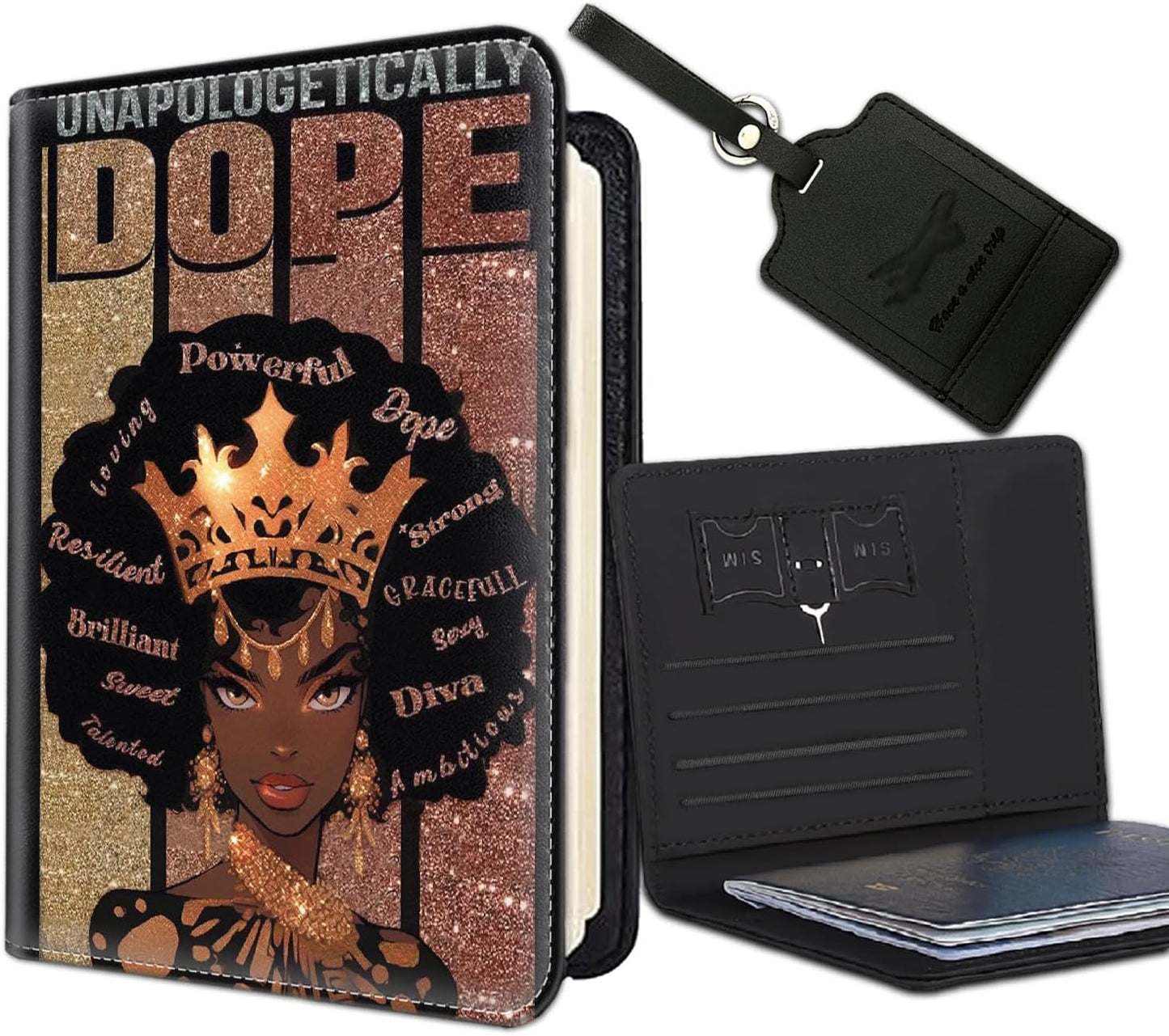 Passport Holder Women Wallet with Luggage Tag, Leather Passport Cover with RFID Blocking, Travel Accessories Multi Card Slot Passport Case for Men，African American Crown Girls