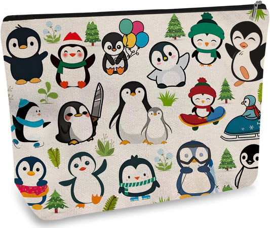DOOX Penguin Makeup Bags with Lining, Funny Cosmetic Bags Pencil Pouch - Double-Sided Print - Cute Birthday & Christmas Penguin Gifts for Daughter, Sister, Women